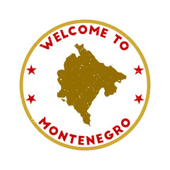 Wall Mural - Welcome to Montenegro stamp. Grunge country round stamp with texture in Threatening Red color theme. Vintage style geometric Montenegro seal. Radiant vector illustration.