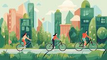 Friends Riding Their Bikes Through A Green City. Scaleable & Editable Vector Art