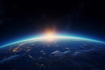 Wall Mural - blue sunrise, view of earth from space with milky way galaxy. generative ai