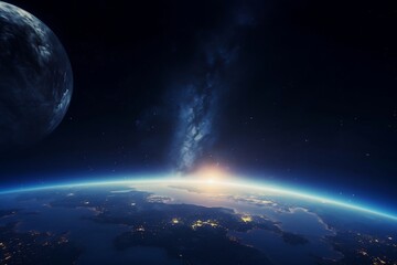 Wall Mural - blue sunrise, view of earth from space with milky way galaxy. generative ai