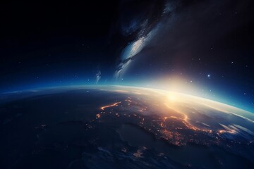 Wall Mural - blue sunrise, view of earth from space with milky way galaxy. generative ai