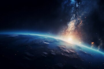 Wall Mural - blue sunrise, view of earth from space with milky way galaxy. generative ai