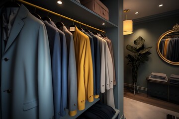 Clothes on hangers in a closet. Wardrobe with clothes. Generative AI