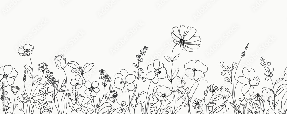 seamless minimal Hand drawn botanical flowers and leaf vector in Spring ...