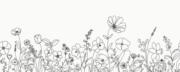 Wall Mural - seamless minimal Hand drawn botanical flowers and leaf vector in Spring and summer collection