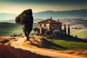 Typical Tuscan old farmhouse with a beautiful landscape in the background. View on the facade. Illustration