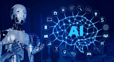 Aufkleber - 3d robot holding virtual digital world and management icons on blue city background. IOT, internet of things. Ai robotic, artificial intelligence with business development and technology concepts.