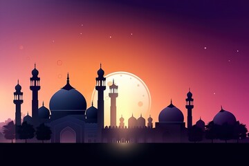 Wall Mural - Shilhoutte of mosque with moon in the background. Generative Ai