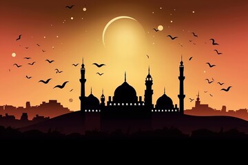 Wall Mural - Shilhoutte of mosque with moon in the background. Generative Ai