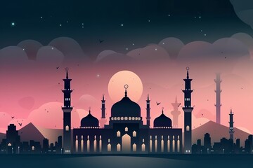 Wall Mural - Shilhoutte of mosque with moon in the background. Generative Ai