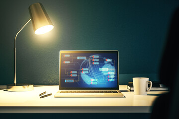Poster - Modern computer display with abstract programming language hologram and world map, artificial intelligence and neural networks concept. 3D Rendering
