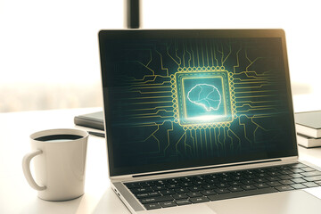 Aufkleber - Creative artificial Intelligence concept with human brain sketch on modern laptop monitor. 3D Rendering