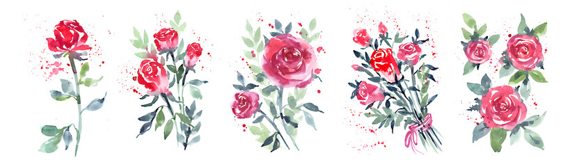 Collection of flowers, bouquets for design. A set of viva magenta watercolor roses. Botanical elements of roses on a white background, hand-drawn illustrations