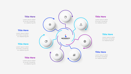 Cycle infographic with thin line arrows and circles. Business template with 7 options