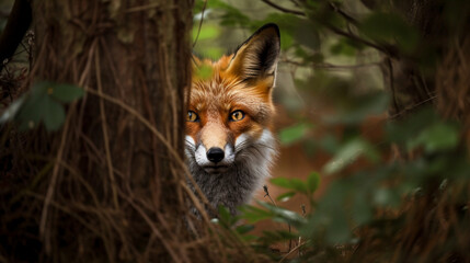 Poster - A cunning fox hiding in the forest Generative AI 