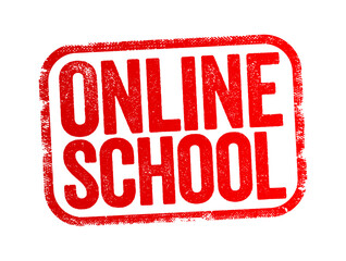 Aufkleber - Online School - teaches students entirely or primarily online or through the Internet, text stamp concept background