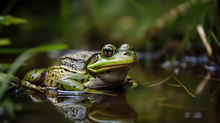 Wall Mural -  A green frog in a serene pond Generative AI 