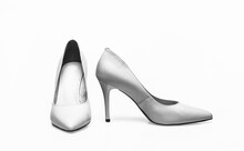 Stylish Classic Women Leather Shoe. Fashionable Women Shoes Isolated On White Background. White High Heel Women Shoes On White Background