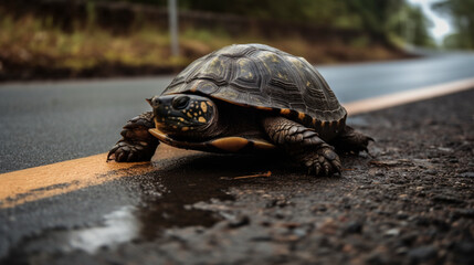 Canvas Print - A slow turtle crossing the road Generative AI 