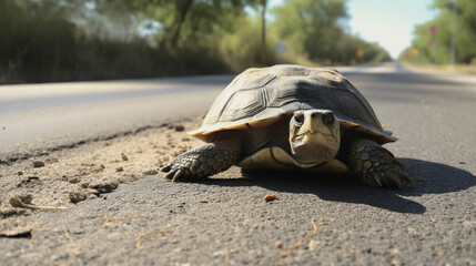 Canvas Print - A slow turtle crossing the road Generative AI 