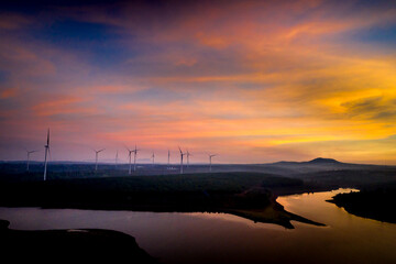 Wall Mural - Dawn on the wind power field in Bau Can commune, Chu Prong district, Gia Lai province, Vietnam