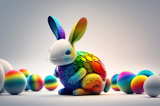 fantasy abstarct design amazing 3d Easter bunny and ornated painted rainbow colourd egg on white background. Happy Easter magical,generative ai.