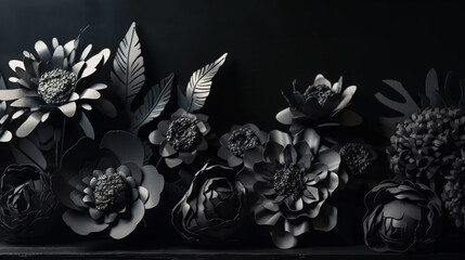 Sticker - Black paper flowers on Black background stained glas Generative AI 