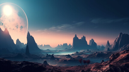 Poster - Futuristic landscape of a distant planet Generative AI 