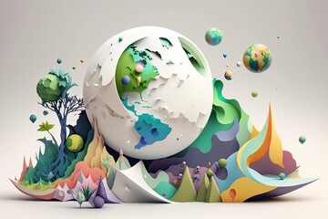 fantasy planet eartth in forest,Creative design world environment and earth day paper cut and craft concept.Landscape in nature by rainbow and balloons,generative ai.