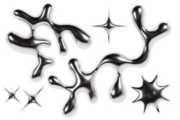 Fototapete - 3d chrome metal organic fluid shapes and stars. Abstract liquid mercury metallic icon. 3d rendering aluminum gradient shape design . Brutalist futuristic style