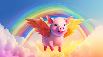 Poster - Pig with wings flying in a rainbow sky Generative AI 