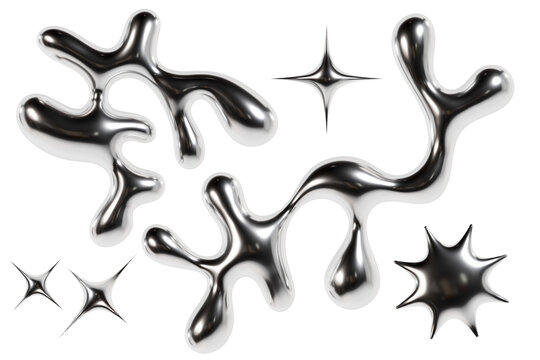 3d chrome metal organic fluid shapes and stars. abstract liquid mercury metallic icon. 3d rendering 