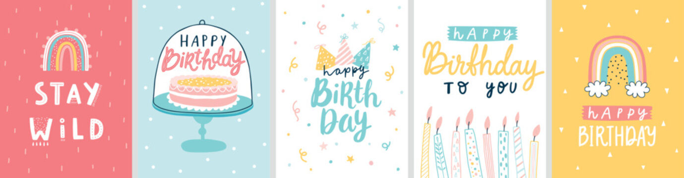 Fototapete - Cute Birthday cards with Letterings for your design - Happy Birthday, Stay wild and others. Hand drawn prints.