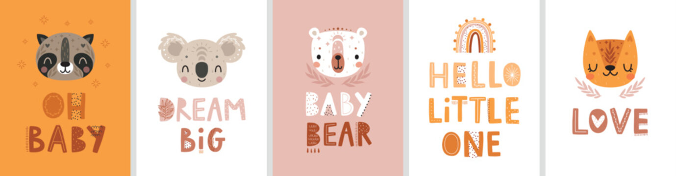Fototapete - Cute Boho cards with Letterings for your design - Dream big, Love, Hello little one, Oh baby and others.