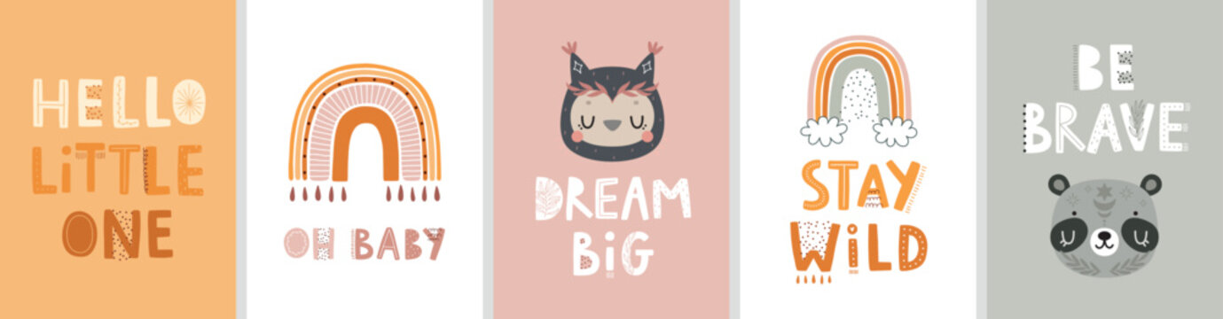Fototapete - Cute Boho cards with Letterings for your design - Dream big, Stay wild, Hello little one and others.