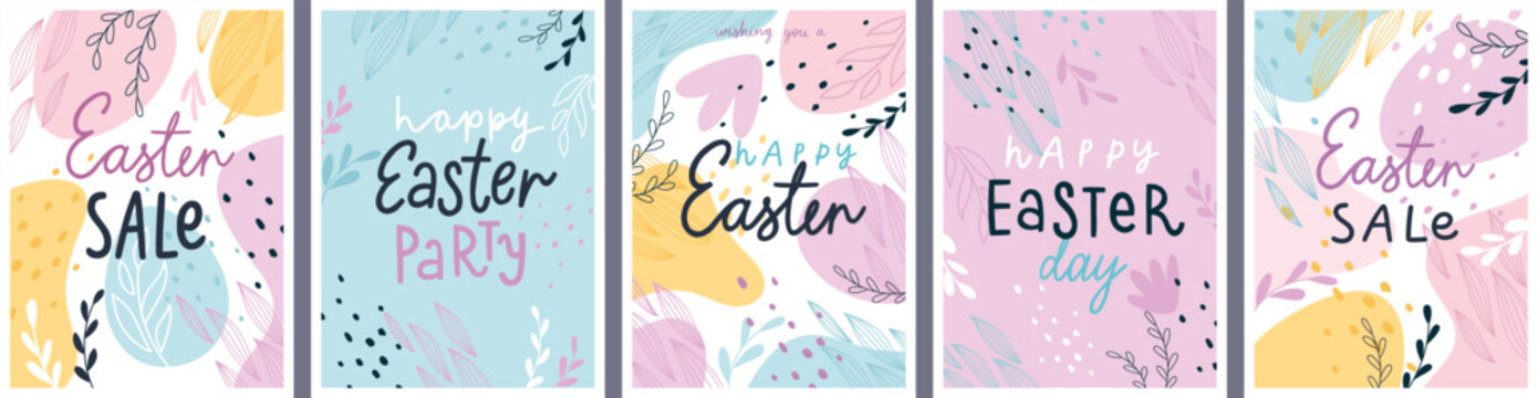 Fototapete - Easter design cards, floral prints with lettering and eggs and other elements, abstract posters.