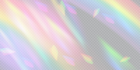 Wall Mural - Rainbow light prism effect, transparent background. Hologram reflection, crystal flare leak shadow overlay. Vector illustration of abstract blurred iridescent light backdrop.