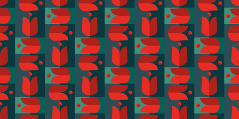 Wall Mural - Retro floral pattern, minimal red tulips on geometric style background, abstract spring flower wallpaper, poster, invitation, fabric… for your designs.