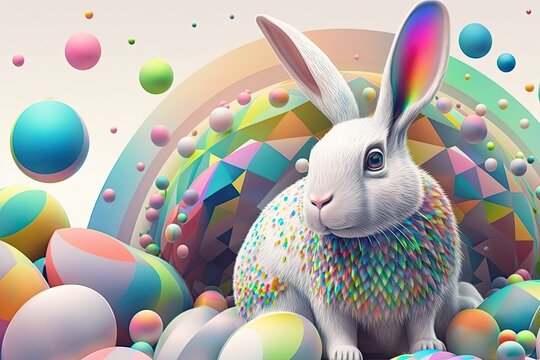 fantasy abstarct design amazing 3d Easter bunny and ornated painted rainbow colourd egg on white background. Happy Easter magical,generative ai.