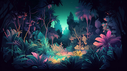 Wall Mural - Tropical colorful plants forest glow in the dark background Generative AI 