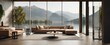 a modern living room interior with a lakeside and mountain view