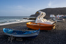Beach With Boats And Plastic Swans, Fuerteventura