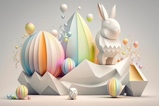 fantasy abstarct design amazing 3d Easter bunny and ornated painted rainbow colourd egg on white background. Happy Easter magical,generative ai.