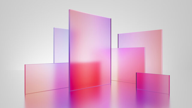 Wall Mural -  - 3d render, abstract geometric background, translucent glass with pink red violet gradient, simple square shapes