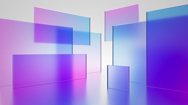 Wall Mural -  - 3d render, abstract geometric background, translucent glass with violet pink blue gradient, simple square shapes