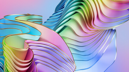 Wall Mural - 3d render, abstract trendy background with silky ruffle, folded textile fluttering, pastel neon gradient. Modern fashion wallpaper