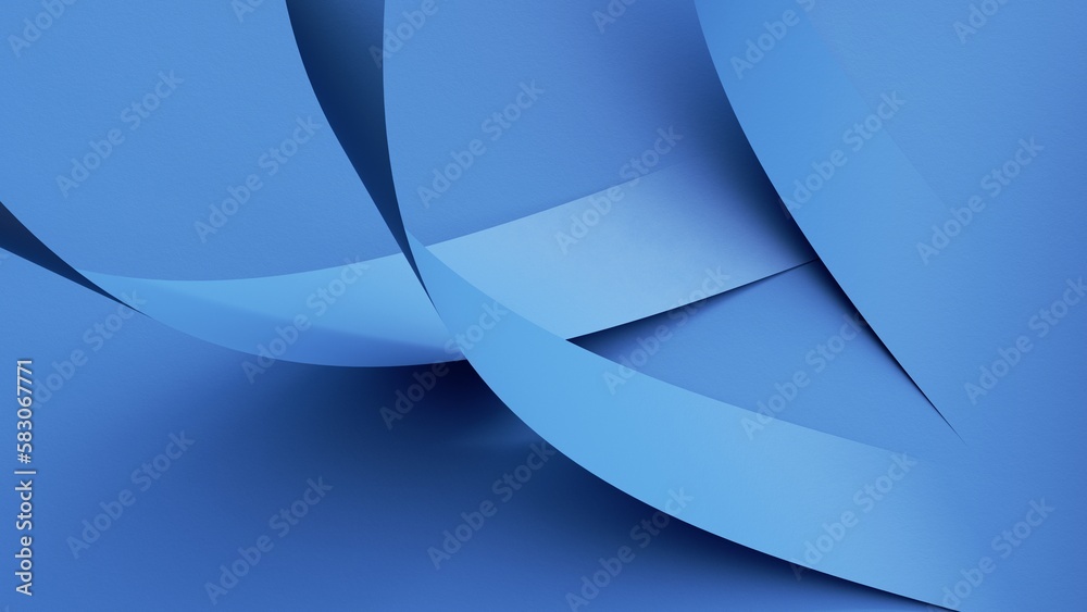 3d render, abstract blue background with curvy paper ribbons, modern ...