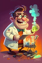 Wall Mural - Funny mad scientist doctor illustration, Generative Ai
