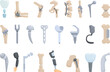 Orthopedic implants icons set cartoon vector. Hip replacement. Surgery point