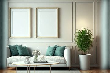 Poster - Beautiful clean interior with smal decorations, plants and mock frames on wall. Generative Ai